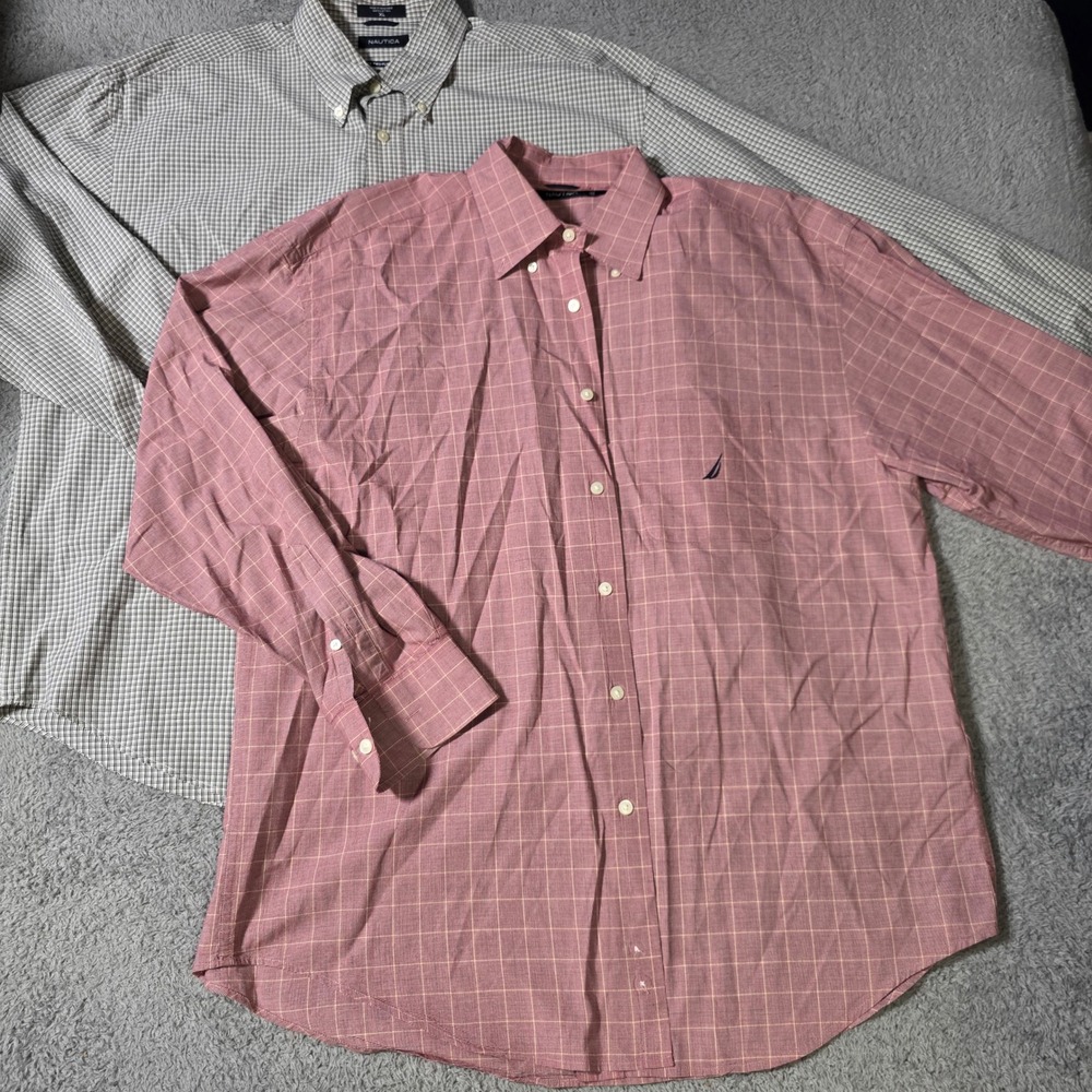 Nautica Mens XL Button Down Shirt Bundle Red Grey Plaid Check Long Sleeve Cotton - Picture 1 of 8